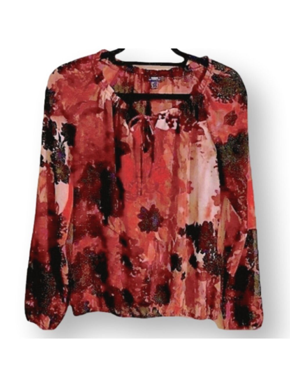 MEXX Blouse. Red floral subtle puffed sleeves.